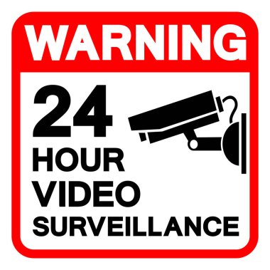 Uyarı: 24 Saat Video İzleme Sembol İşareti, Vektör İllüstrasyonu, Beyaz Arkaplan Etiketinde İzole Edilme. EPS10 