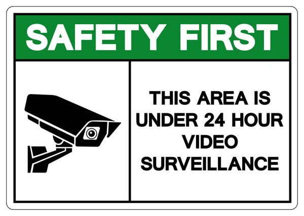 安全第一このエリアは24時間以内ビデオ監視シンボルサイン ベクトルイラスト 白の背景ラベルに隔離されています 第十話 — ストックベクタ
