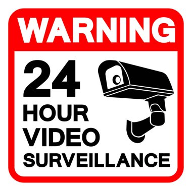Uyarı: 24 Saat Video İzleme Sembol İşareti, Vektör İllüstrasyonu, Beyaz Arkaplan Laboratuvarında Tecrit. EPS10
