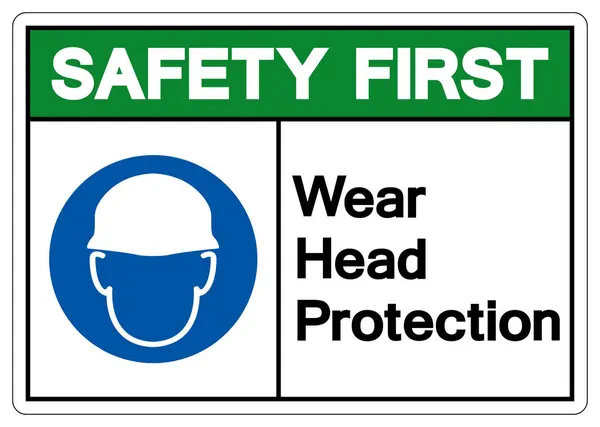 Bezpieczeństwo Pierwszy Znak Ochrony Głowy Nosić Ilustracja Wektora Izolowane Białym — Wektor stockowy