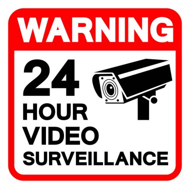 Uyarı: 24 Saat Video İzleme Sembol İşareti, Vektör İllüstrasyonu, Beyaz Arkaplan Laboratuvarında Tecrit. EPS10 