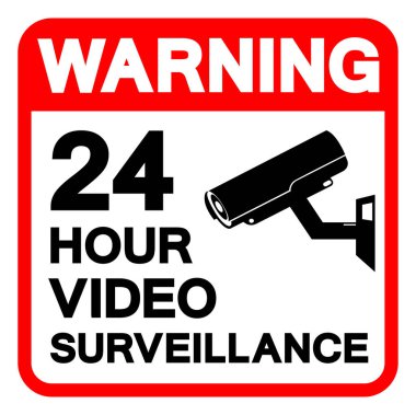 Uyarı: 24 Saat Video İzleme Sembol İşareti, Vektör İllüstrasyonu, Beyaz Arkaplan Laboratuvarında Tecrit. EPS10