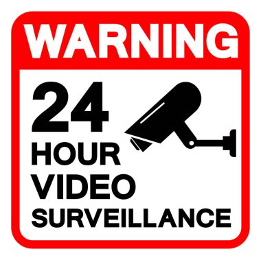 Uyarı: 24 Saat Video İzleme Sembol İşareti, Vektör İllüstrasyonu, Beyaz Arkaplan Laboratuvarında Tecrit. EPS10
