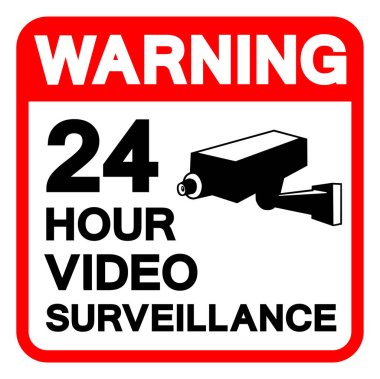Uyarı: 24 Saat Video İzleme Sembol İşareti, Vektör İllüstrasyonu, Beyaz Arkaplan Laboratuvarında Tecrit. EPS10