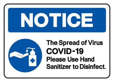 Virüs COVID-19 'un yayılmasına dikkat edin. Lütfen dezenfekte etmek için el dezenfektanı kullanın. Sembol İşareti, Vektör İllüstrasyonu, Beyaz Arkaplan Labaratuvarı İzole EPS10