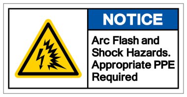 Ark Flash ve Şok Tehlike 'ye dikkat edin. Uygun PPE İşareti Gerekli Sembol İşareti, Vektör İllüstrasyonu, Beyaz Arkaplan Etiketinde İzolasyon. EPS10