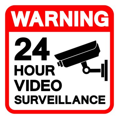 Uyarı: 24 Saat Video İzleme Sembol İşareti, Vektör İllüstrasyonu, Beyaz Arkaplan Etiketinde İzole Edilme. EPS10