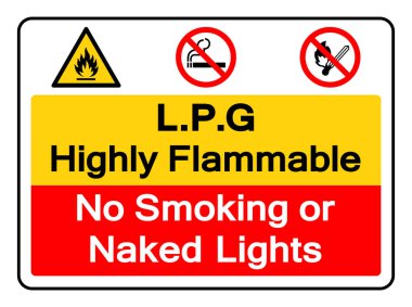 LPG Yanıcı Duman Yok veya Çıplak Işıklar Sembol İşareti, Vektör İllüstrasyonu, Beyaz Arkaplanda İzolasyon Laboratuvarı. EPS10