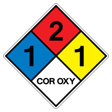 NFPA Elmas 704 1-2-1 COR OXY Sembol İşareti, Vektör İllüzyonu, Beyaz Arkaplan Etiketinde İzolasyon. EPS10