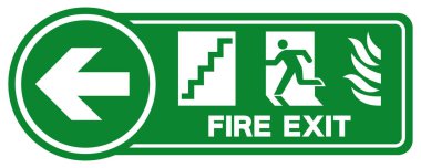 Yangın Çıkış Merdiveni Sol Ok Sembol İşareti, Vektör İllüstrasyonu, Beyaz Arka plan Laboratuvarında Tecrit. EPS10 