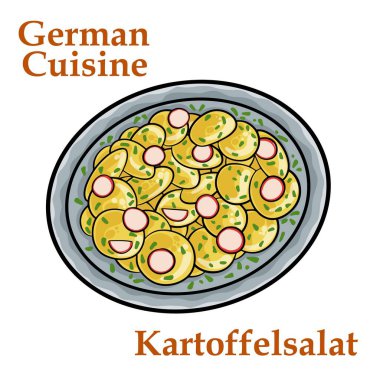Kartoffelsalat. Beyaz arka planda geleneksel Alman patates salatası.