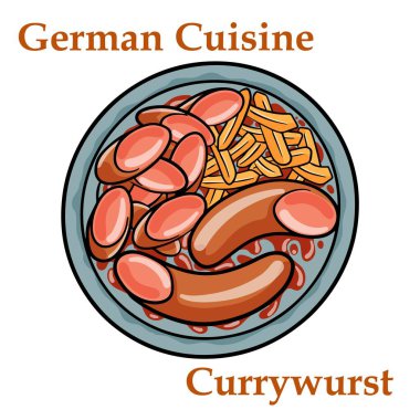 Geleneksel Alman körili sosisi, patates kızartması ve patates kızartması ile servis edilir..