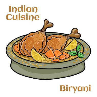 Beyaz arka planda tavuk biryani servis ediyorum. Hint yemeği.