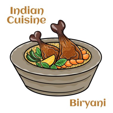 Beyaz arka planda tavuk biryani servis ediyorum. Hint yemeği.