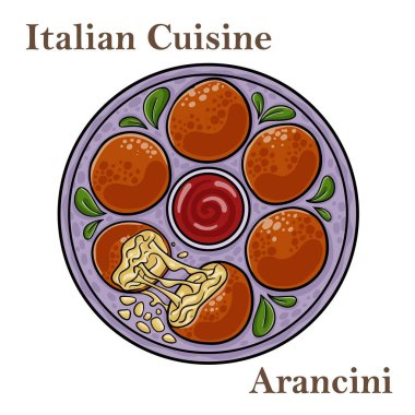 Beyaz arka planda fesleğen ve marinara soslu ev yapımı Arancini. İtalyan pirinç topları.