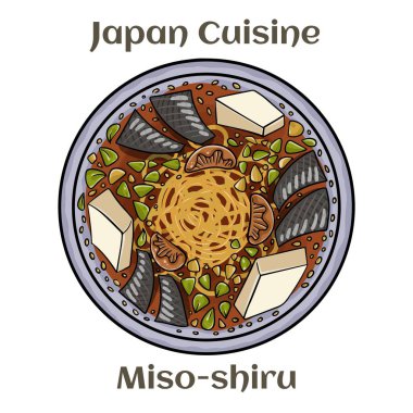 Miso çorbası, deniz yosunu, miso makarna, beyaz arka planda tofu..