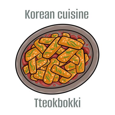 Tteokbokki. Genellikle pirinç keki ve kırmızı biber ezmesiyle yapılır. Balık köftesi, haşlanmış yumurta, erişte ya da kızarmış börek. Kore Mutfağı.