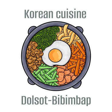 Dolsot-Bibimbap. Bibimbap 'da tipik malzemeler pirinç, sotelenmiş sebzeler, kızarmış yumurta, kırmızı biber ezmesi ve soya fasulyesi ezmesidir. Kore Mutfağı.