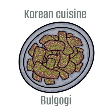 Bulgogi. Bir çeşit barbekü çünkü ince salamura edilmiş sığır eti var. Kore Mutfağı.