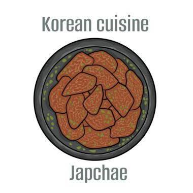 Japchae. Havuç, salatalık, soğan, mantar ve bazen et ile karıştırılmış kızarmış patates eriştesi. Kore Mutfağı.