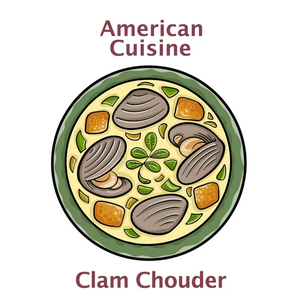 クラム チャウダー アメリカ料理 ニューイングランドのクラムチャウダースープを閉じます — ストックベクタ