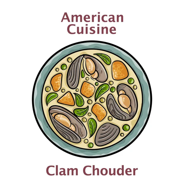 Чаудер Моллюсков Американская Кухня Суп Моллюсков Новой Англии Крупным Планом — стоковый вектор