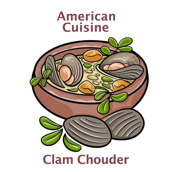 Clam Chowder American Cuisine New England Clam Chowder Soup Closeup — Stock Vector