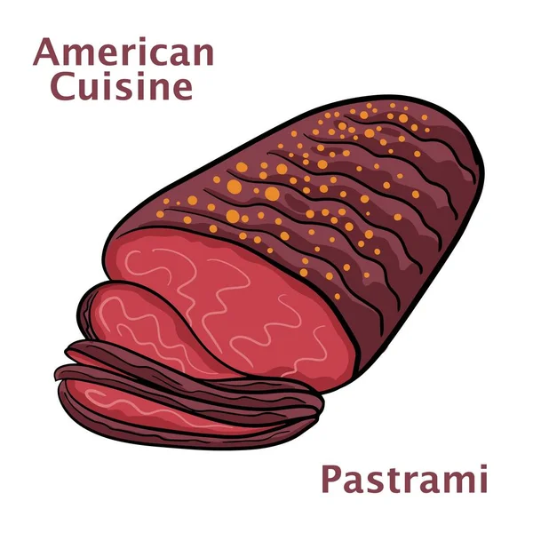 Färskt Skivat Nötkött Pastrami Rostbiff Kött Vit Bakgrund Amerikansk Mat — Stock vektor