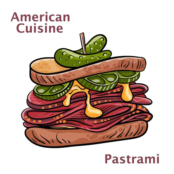 Pastrami Carne Fresca Fatiada Carne Assada Fundo Branco Comida Americana — Vetor de Stock