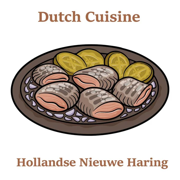 Taze Tuzlanmış Ringa Balığı Hollandse Nieuwe Adı Verilen Geleneksel Hollanda — Stok Vektör