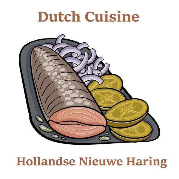 Frisch Gesalzener Heringsfisch Traditionelle Holländische Delikatesse Namens Hollandse Nieuwe Auf — Stockvektor