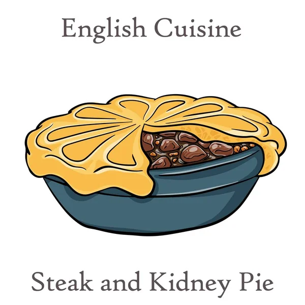 白い背景にオープンステーキと腎臓パイをカット 牛の肉パイと野菜と肉汁 — ストックベクタ