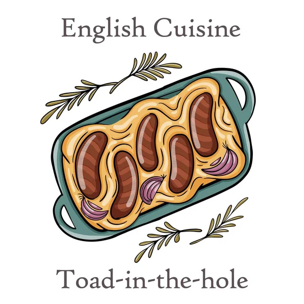 英語の食べ物 白い背景にベーキング皿に穴の中のヒキガエル — ストックベクタ