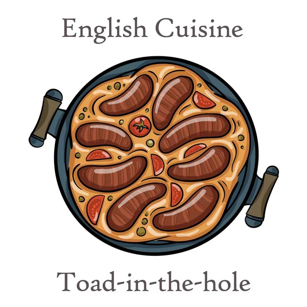英語の食べ物 白い背景にベーキング皿に穴の中のヒキガエル — ストックベクタ