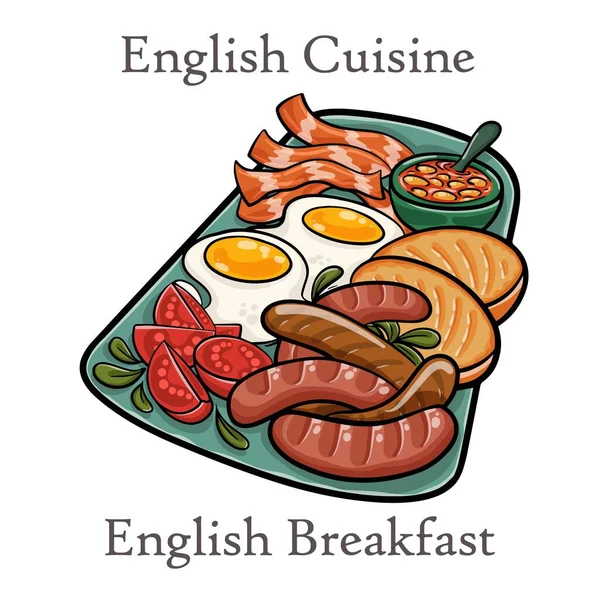 Engelsk Frukost Med Bacon Korv Ägg Bönor Och Svamp — Stock vektor