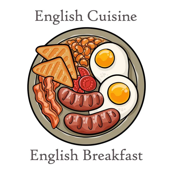 Engelsk Frukost Med Bacon Korv Ägg Bönor Och Svamp — Stock vektor