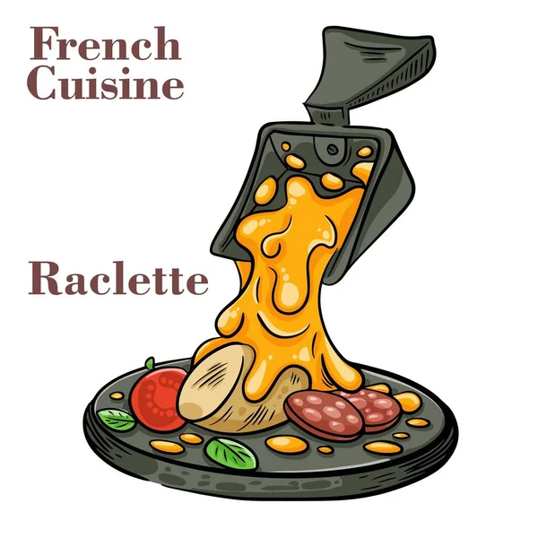 Köstlicher Traditioneller Französischer Geschmolzener Raclette Käse Serviert Individuellen Pfannen — Stockvektor