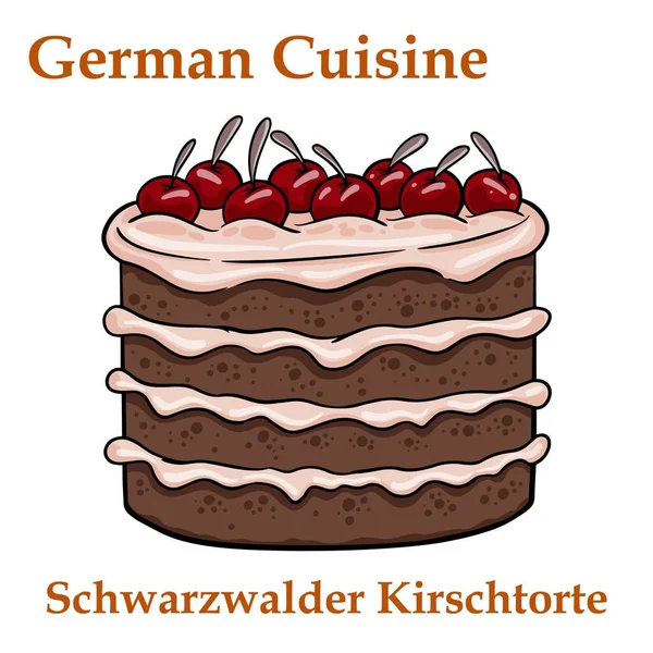 Schwarzwälder Kirschtorte Traditionelles Deutsches Dessert Auf Weißem Hintergrund — Stockvektor