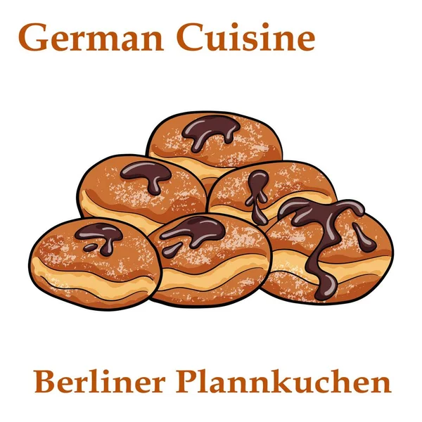Berliner Plannkuchen German Donuts Berliner Jam Icing Sugar Tray — Stock Vector