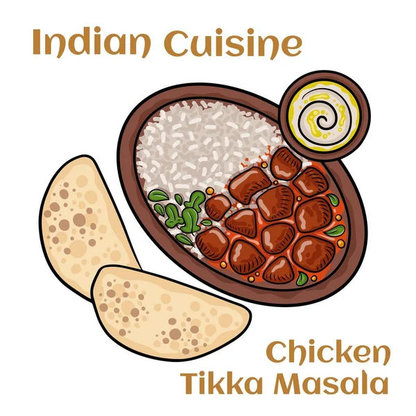 stock vector Chicken tikka masala curry with rice and naan bread