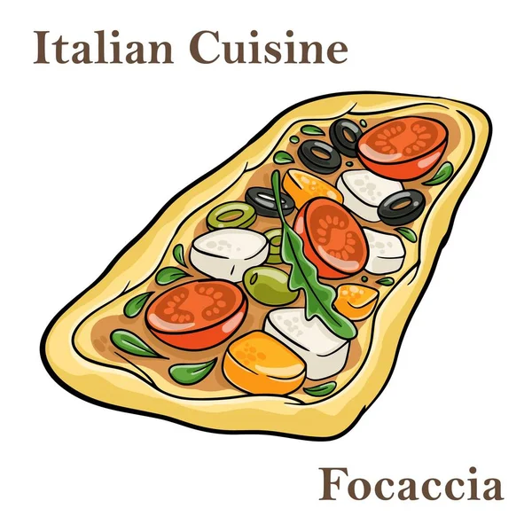 Focaccia Brot Bari Stil Focaccia Barese Focaccia Mit Kirschtomaten Olivenöl — Stockvektor