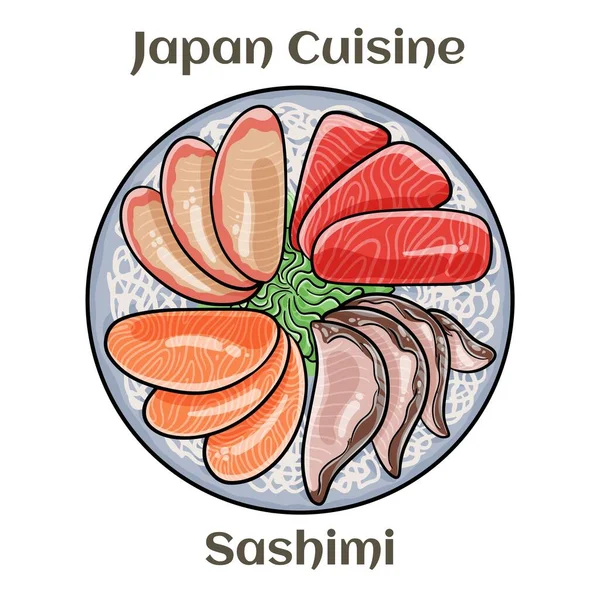 Японские Продукты Сашими Сырая Нарезанная Рыба Лосось Тунец Угорь — стоковый вектор