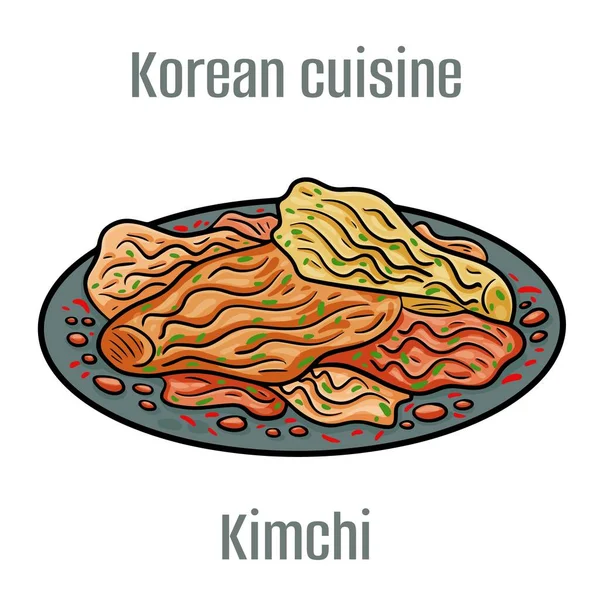 Stock vector Kimchi is a type of salad that mainly consists of fermented cabbage and vegetables in a chilli seasoning. Korean Cuisine.