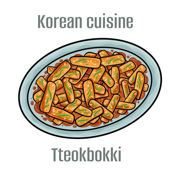 Stock vector Tteokbokki. It is usually made with rice cake and red chili paste. Fish cake, boiled egg, noodles or fried dumplings. Korean Cuisine.