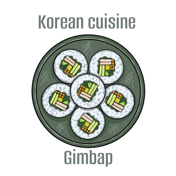 stock vector Gimbap rice is seasoned with sesame oil. Popular Gimbap fillings are tuna, bulgogi, luncheon meat, kimchi and fresh vegetables. Korean Cuisine.