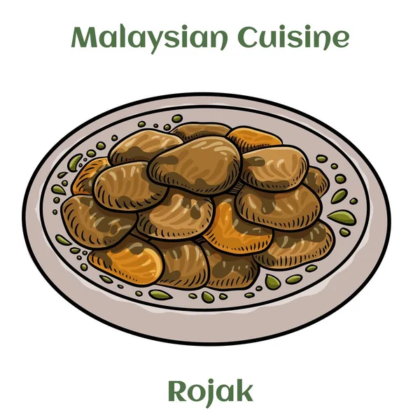 夹杂着蔬菜和水果的色拉 撒满了酱汁 包括当地的虾酱 糖和石灰 马来西亚菜 — 图库矢量图片