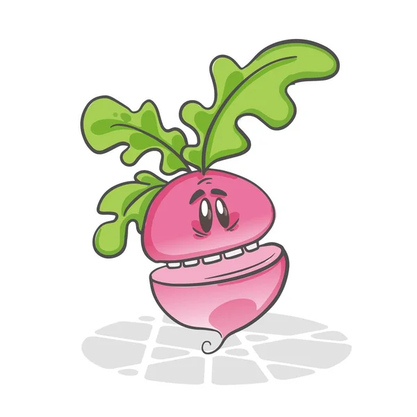 Ředkvička Vtipná Zelenina Roztomilá Kreslená Postava Vektorové Ilustrace Izolované Bílém — Stockový vektor
