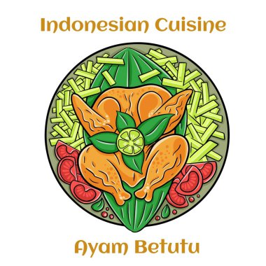 Ayam Betutu Endonezya yemeği. Bali baharatlı manyok yapraklarıyla dolu bir tavuk. Sambal Matah ve Kızarmış Fıstık ile servis edildi..
