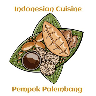 Pempek Palembang. Endonezya 'dan baharatlı sirke soslu tuzlu balık kekleri. Küçük seramik kaselerde erişte ve salatalıkla servis ediliyor.