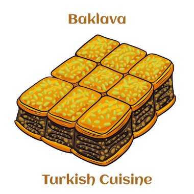 Fıstıklı baklava tatlısı. Geleneksel Orta Doğu lezzetleri. Geleneksel Türk baklavası. Vektör illüstrasyonu